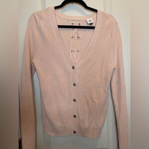 CABI Eliza Cardigan Sweater Pale Pink Cotton Ribbed Lace Back 3357